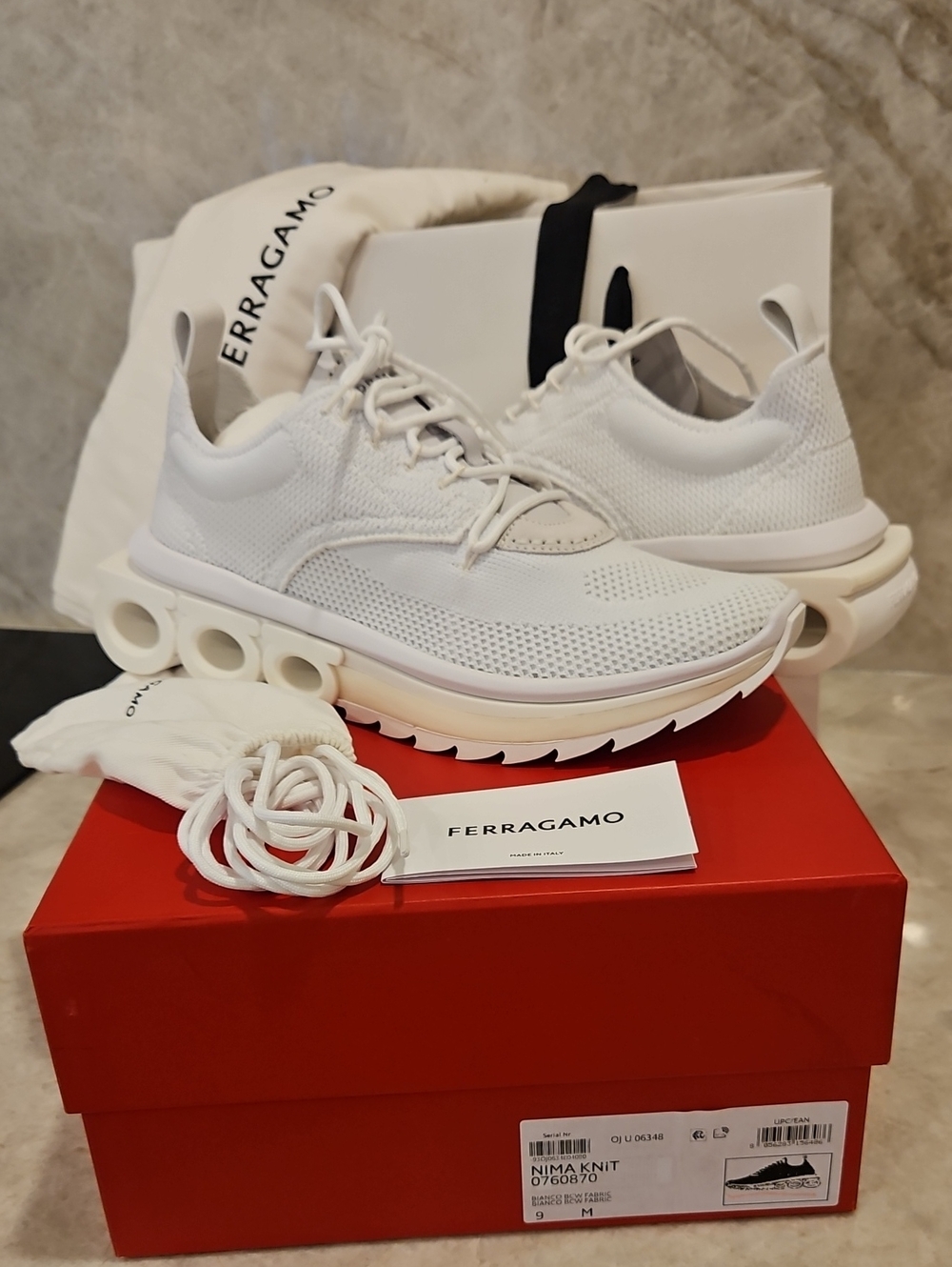 Salvatore Ferragamo White Nima Knit Runner Sneakers Sz 9 brand New